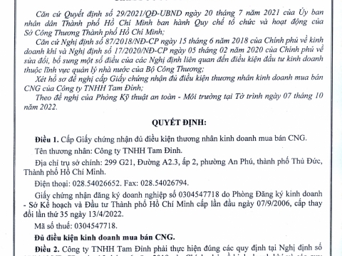 CÔNG TY TAM ĐỈNH ĐẠT CHỨNG NHẬN KINH DOANH CNG