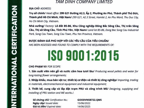 CÔNG TY TNHH TAM ĐỈNH rất vinh dự khi đạt được chứng chỉ ISO 9001:2015 